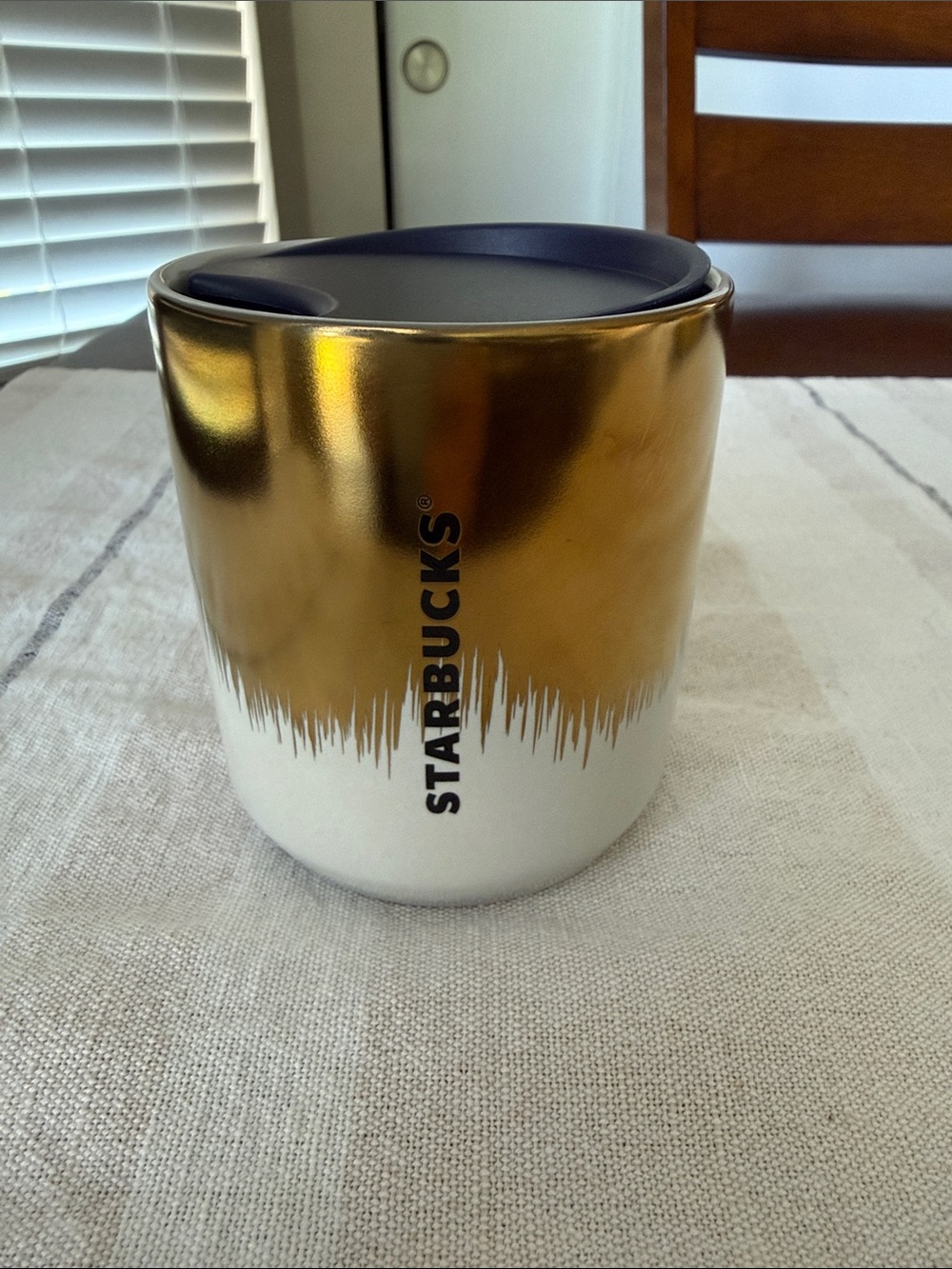 Starbucks Gold and White Ceramic Travel Mug with Dark Lid